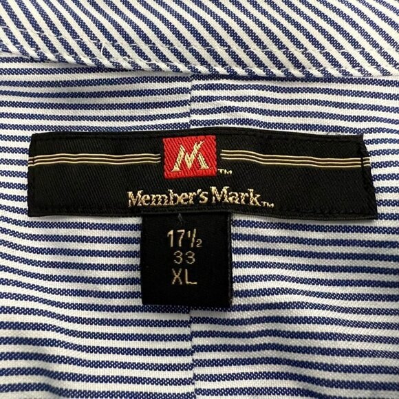 Members Mark Mens Button Down Shirt Blue White Striped Long Sleeve Pocket 17.5 - Picture 10 of 11
